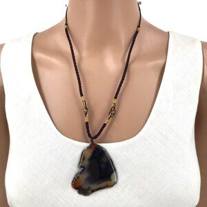 High Polish Natural Agate Pendant Necklace Asian Inspired Braided Chord